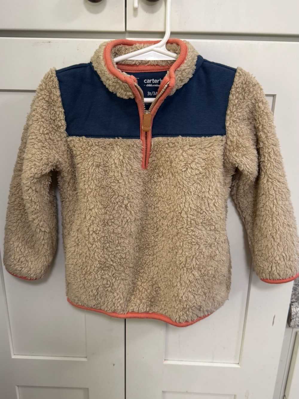 Carter's Tan Sherpa Pullover with Navy Yoke and Coral Trim